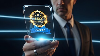 Executive displaying premium iso certification verified badge on futuristic transparent mobile device screen technology