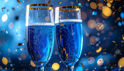 Celebration with blue drinks and confetti during a party at night