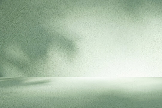 Minimalist Sage Green Plaster Wall Background with Soft Abstract Leaf Shadows, This clean and modern surface is perfect for product mockups, digital presentations, or as aesthetic wallpaper.