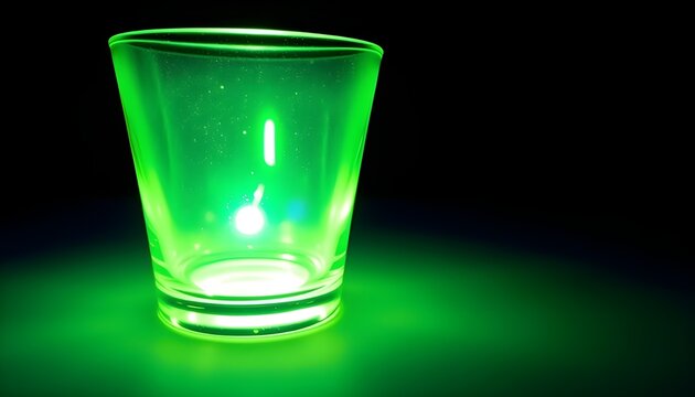 Vintage Uranium Glass Tableware Green Glowing Under top UV violet Light on dark background