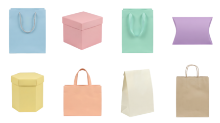Colorful gift packaging set including paper shopping bags, square and hexagon boxes, and pillow packs isolated. Retail merchandising and present wrapping collection.