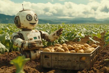 Robot works joyfully in a lush field, gathering freshly harvested sweet potatoes and placing them neatly in a basket while surrounded by green plants