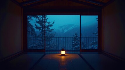 A dimly lit room with a window overlooking a snowy mountain