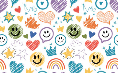 Fototapeta premium Colorful hand drawn hearts stars rainbows crowns and smiley faces create a playful pattern ideal for design projects on transparent