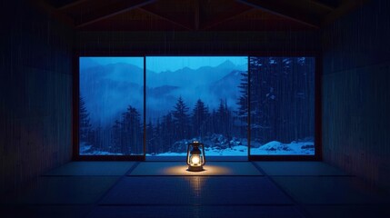 A dimly lit room with a window overlooking a snowy mountain