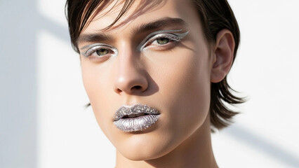Close up of a model with silver makeup during a beauty shoot in studio light