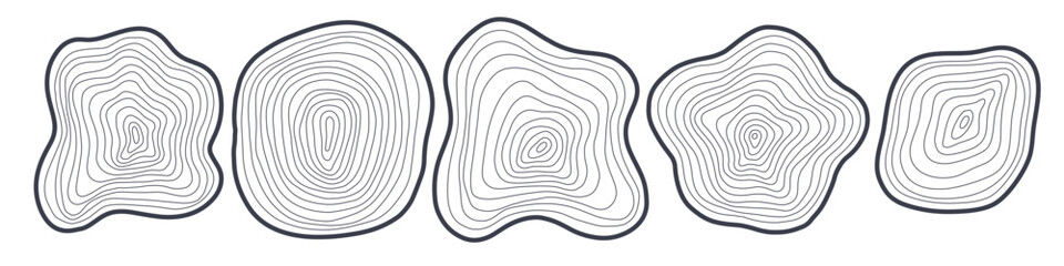 Set of abstract hand drawn tree rings. Minimal topographic map concept. Blobs of wavy dynamic lines. Thin black lines on transparent background. Vector EPS 10 with Editable line thickness © LanaSham