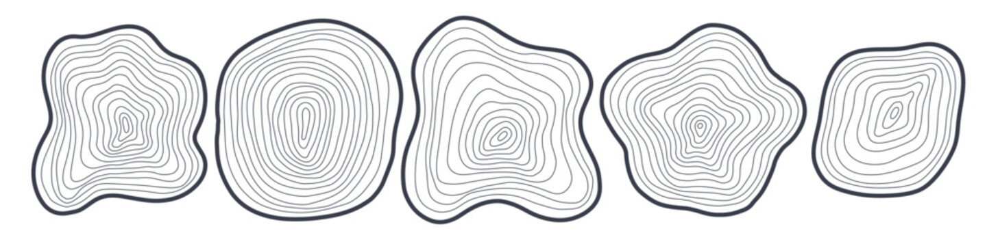 Set of abstract hand drawn tree rings. Minimal topographic map concept. Blobs of wavy dynamic lines. Thin black lines on transparent background. Vector EPS 10 with Editable line thickness