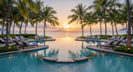 Obraz premium Infinity swimming pool overlooks ocean during vibrant tropical sunset framed by tall palm trees