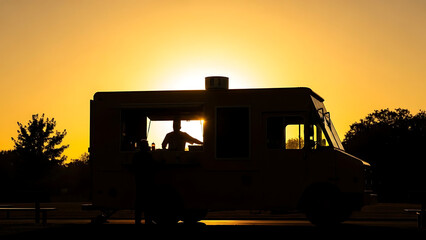Food truck at sunset with chef serving customers