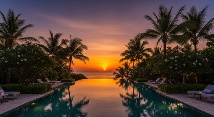Luxurious infinity pool overlooks ocean during vibrant tropical sunset
