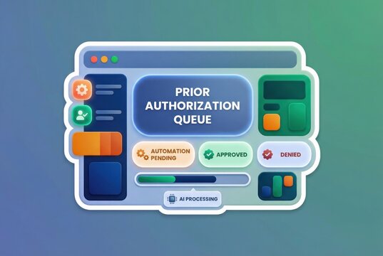 Digital interface illustrating prior authorization queue with visual elements depicting approval automation and artificial intelligence processing in a streamlined design