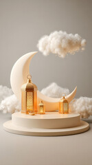 Golden crescent moon and ornate lantern on layered podium with soft clouds against beige background. Dreamy Ramadan scene symbolizing faith, peace and spirituality, ideal for Eid greeting