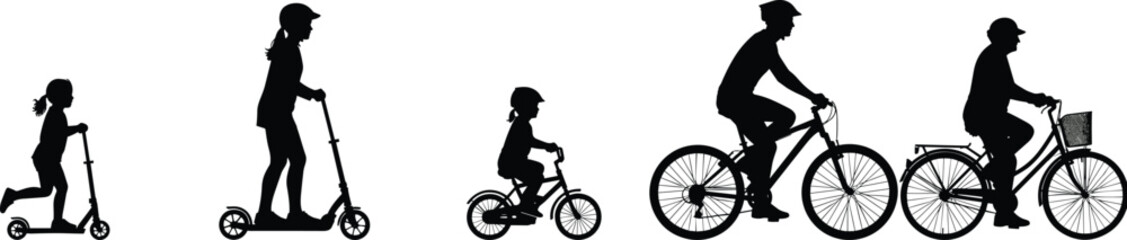 Fototapeta premium Silhouettes of people on wheeled transport from childhood to senior age, symbolizing mobility, growth, and life progression.