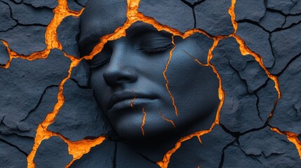 A captivating portrayal of a face emerging from cracked stone, glowing with inner fire, embodying resilience and transformation.
