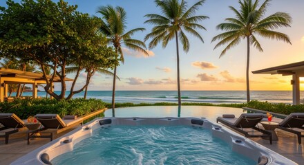 Fototapeta premium Luxurious outdoor spa tub overlooks ocean during a tropical sunset