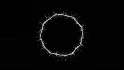 Abstract glowing white circular energy ring with fractal branches on black background