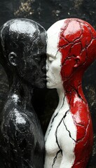 A sculptural artwork, showcasing two abstract figures in a moment of connection, one half black, one half red, white, embodying unity.