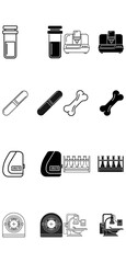 Fototapeta premium Set of veterinary icons for pet care and medical equipment including bottles bandages bones and scanners in minimalist black and white vector style isolated on a clean background for professional use
