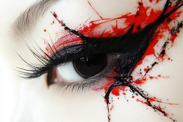 Eye-catching makeup with bold streaks of red and black around the eye, creating a striking visual impact. Intense and artistic expression.