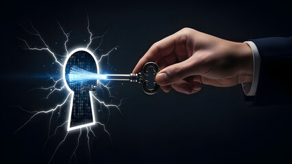 Unlocking digital security with glowing key and code background