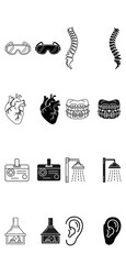 Vector illustration of human anatomy and healthcare symbols including goggles spine heart teeth shower and ear with icons in minimalist style