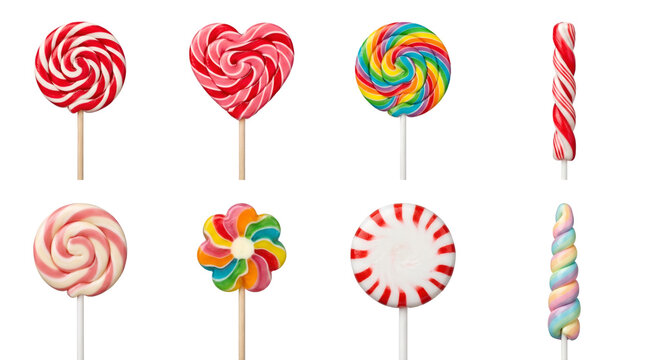 Colorful lollipop candy set including swirl, heart, flower, rainbow, and twist shapes isolated. Sweet confectionery and sugar snack collection.