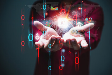 A businessman hands holding a holographic artificial intelligence, AI circuit board.