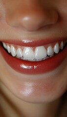 Close-up of a smile reveals a mouth with bright white teeth and glossy red lipstick, radiating health and beauty, perfect for oral care.
