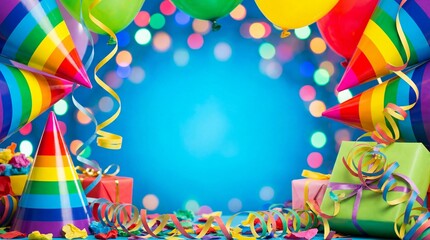 Colorful Party Decorations with Balloons and Gifts on a Bright Blue Background for Celebration