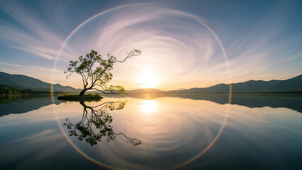 Serene lake scene with solo tree and perfect reflection surrounded by mountains under a rainbow halo at sunrise or sunset