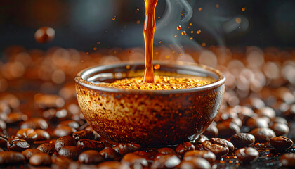 Dark Roasted Coffee Beans Pouring into a Small Textured Bowl Creating a Rich Beverage with Steam Rising in a Coffeehouse Ambiance with Selective Focus on the Foreground Beans and Bowl