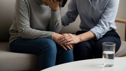 Empathetic friend comforting a sad woman during a difficult moment, offering emotional support and understanding during her sorrow