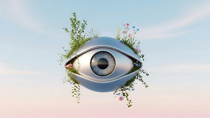 Surreal 3D rendered silver eye with lush greenery and colorful flowers blooming around it on a soft blue and pink gradient background