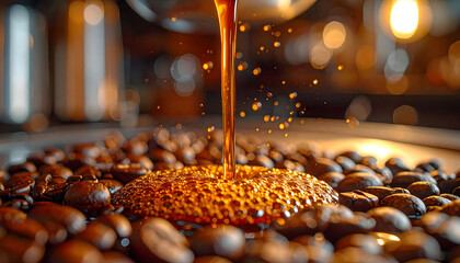 Dark Roasted Coffee Beans with Rich Espresso Pour and Frothy Bubbles in Warm Amber Lighting Macro Shot