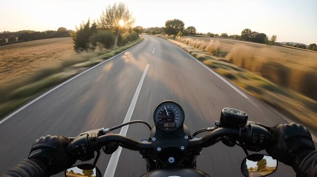 Motorcycle Ride View of Asphalt Road at Sunset with Golden Light and Field Background