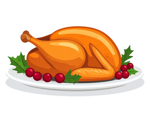 Cartoon Roasted Turkey with Cranberries and Holly on a White Platter whole bird
