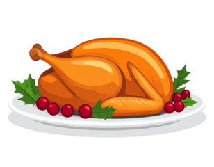 Cartoon Roasted Turkey with Cranberries and Holly on a White Platter whole bird