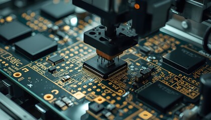 Fototapeta premium Robotic arm precisely handling microchips on a complex circuit board