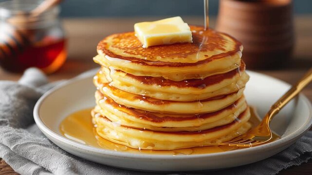 A stack of homemade pancakes with melting butter and pouring syrup. Delicious sweet breakfast meal. Comfort food concept