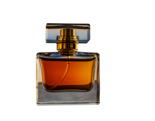 Elegant Glass Perfume Bottle with Amber Liquid and Gold Accents fragrance