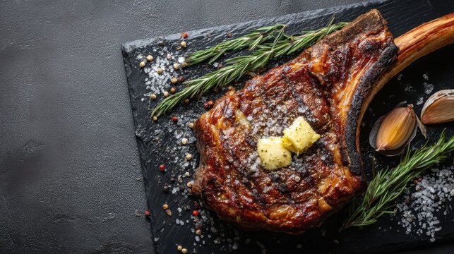 Grilled tomahawk steak with herbs and spices on slate platter.