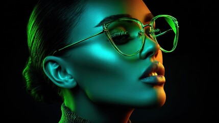 Dramatic portrait of a woman with stylish glasses, illuminated by vibrant neon lights.