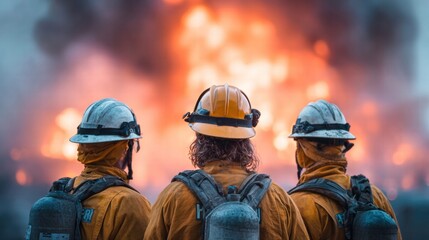 Firefighters observe a raging inferno, showcasing bravery and dedication in the face of danger.