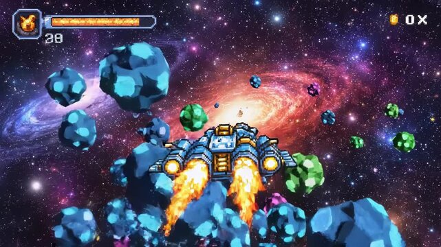 Pixelated spaceship flying through colorful asteroids in galaxy 4k video