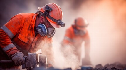 A miner uses equipment, creating dust and highlighting industrial processes in a hazardous environment.