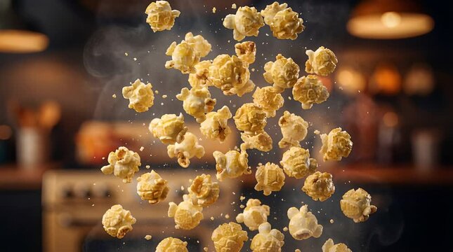 Popcorn Pieces Levitating in Kitchen with Warm Lighting and Defocused Background