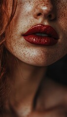 Close-up showcasing a woman's freckled skin and red lips, highlighting natural beauty and a bold lip color. The focus is on unique features.