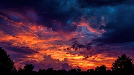 Vibrant sunset with dramatic clouds and silhouetted trees in dusk sky.
