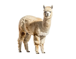 Light brown alpaca with fluffy wool standing isolated on black background animal